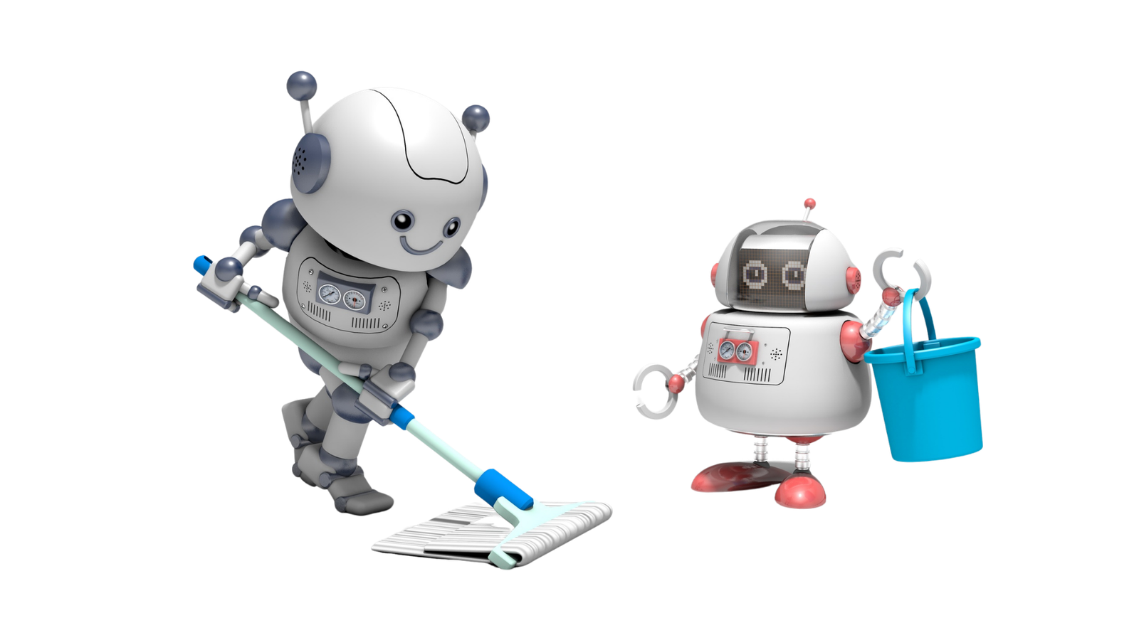 Mascota robot de MetricClean representando tecnología y precisión en limpieza